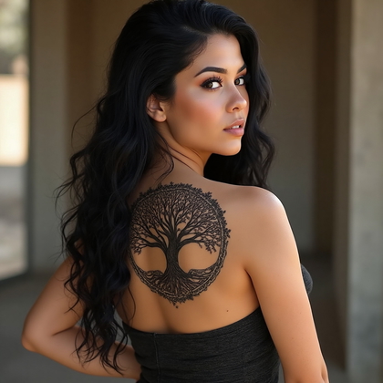 AI-generated photo: Photorealistic photography of a woman with a Celtic-inspired tattoo featuring a complex tree of life...