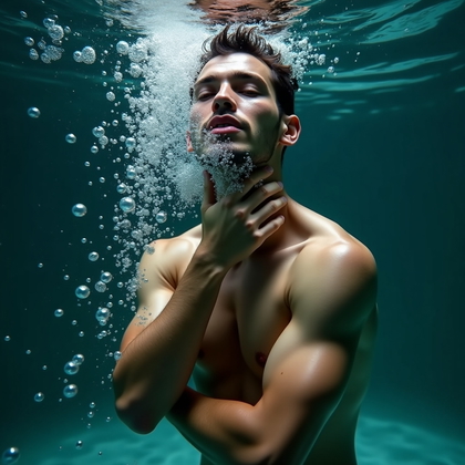 AI-generated photo: Photorealistic underwater portrait photography, close crop from mid-torso up, the subject floating n...