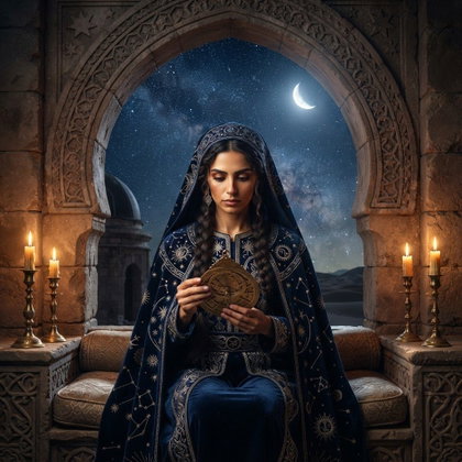 A single subject seated upright beneath an ancient stone arch, holding a brass astrolabe over a midnight-blue embroidered cloak and structured tunic. A star-filled sky frames the arch; moonlight provides a cool backlight while nearby candles add warmth. Symmetrical medium portrait, atmospheric fantasy illustration with intricate detail.