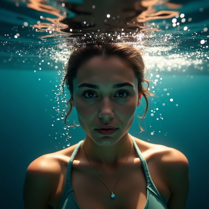AI-generated photo: Photorealistic underwater portrait photography, an intimate close-up where the subject is framed fro...