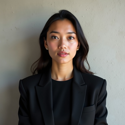 AI-generated photo: Professional headshot photo against a neutral plaster wall with refined texture and a single vertica...