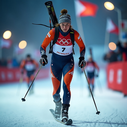 AI-generated photo: Photorealistic sports photography, dynamic three-quarter shot of a biathlete staggering into the fin...