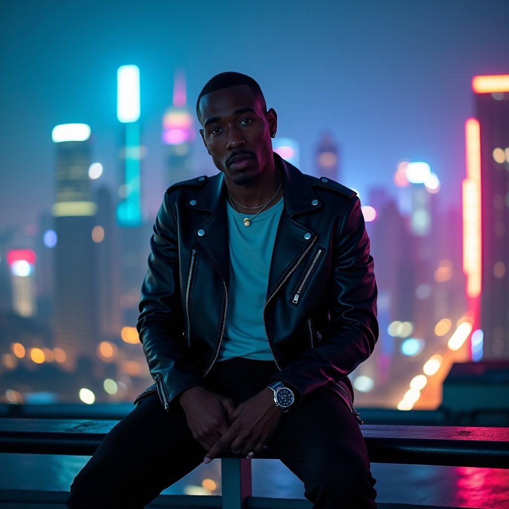 AI-generated photo: Photorealistic travel lifestyle photography: midnight rooftop helipad above a neon city, subject lea...