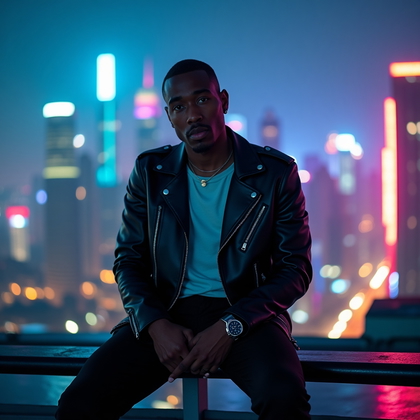 AI-generated photo: Photorealistic travel lifestyle photography: midnight rooftop helipad above a neon city, subject lea...