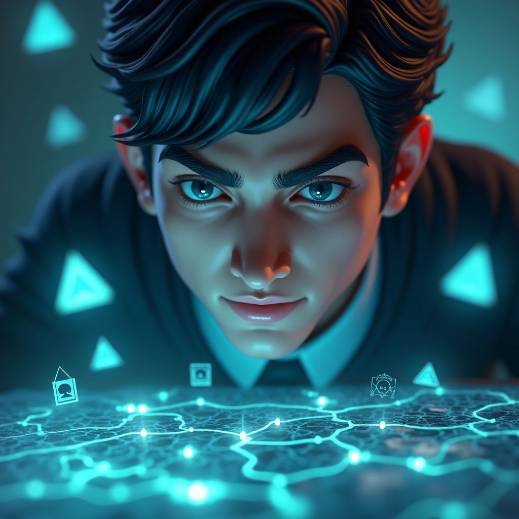 AI-generated photo: Stylized 3D game-rendered portrait, medium-close framing of a gaming avatar with a cold, calculating...