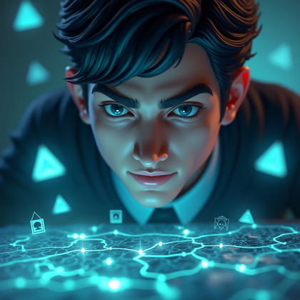 AI-generated photo: Stylized 3D game-rendered portrait, medium-close framing of a gaming avatar with a cold, calculating...