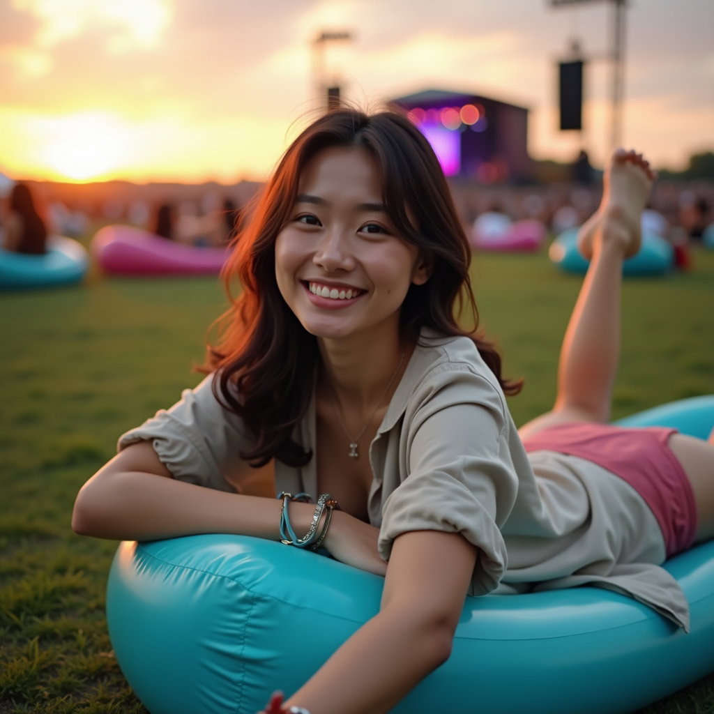 Relaxed Grass Lounge Portrait example: Photorealistic festival close-up portrait photography. A face-forward close portrait of the person relaxing on a low inf