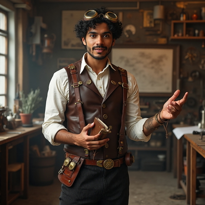 AI-generated photo: Cosplay photo featuring a character dressed as a steampunk inventor, wearing a tailored brown leathe...