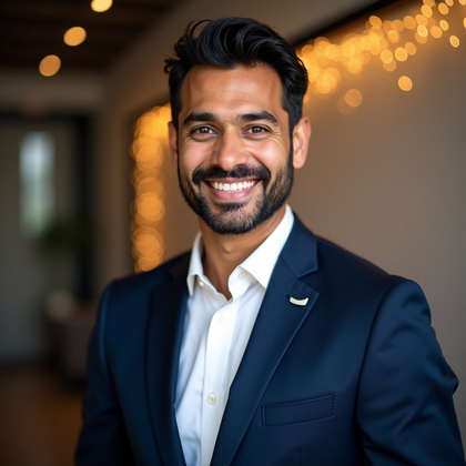 AI-generated photo: Professional headshot, New Year kickoff optimism with an energized, confident smile and open, welcom...