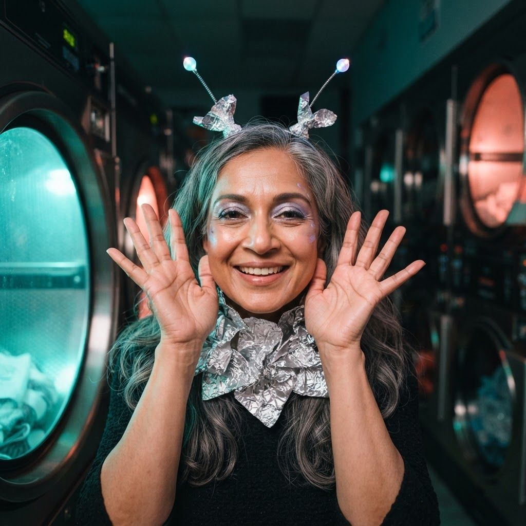 Retro Space Alien Under Colorful Night Lights: Tight, playful portrait in an otherwise empty laundromat at night.