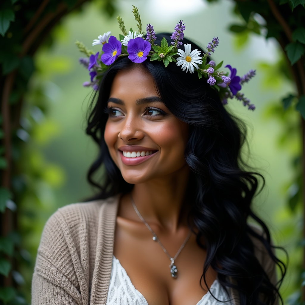 Gros plan avec couronne de fleurs : portrait après la pluie, cadré du visage aux épaules, sous une arche de jardin feuillue, d’une personne regardant juste au-delà de l’appareil avec un léger sourire.