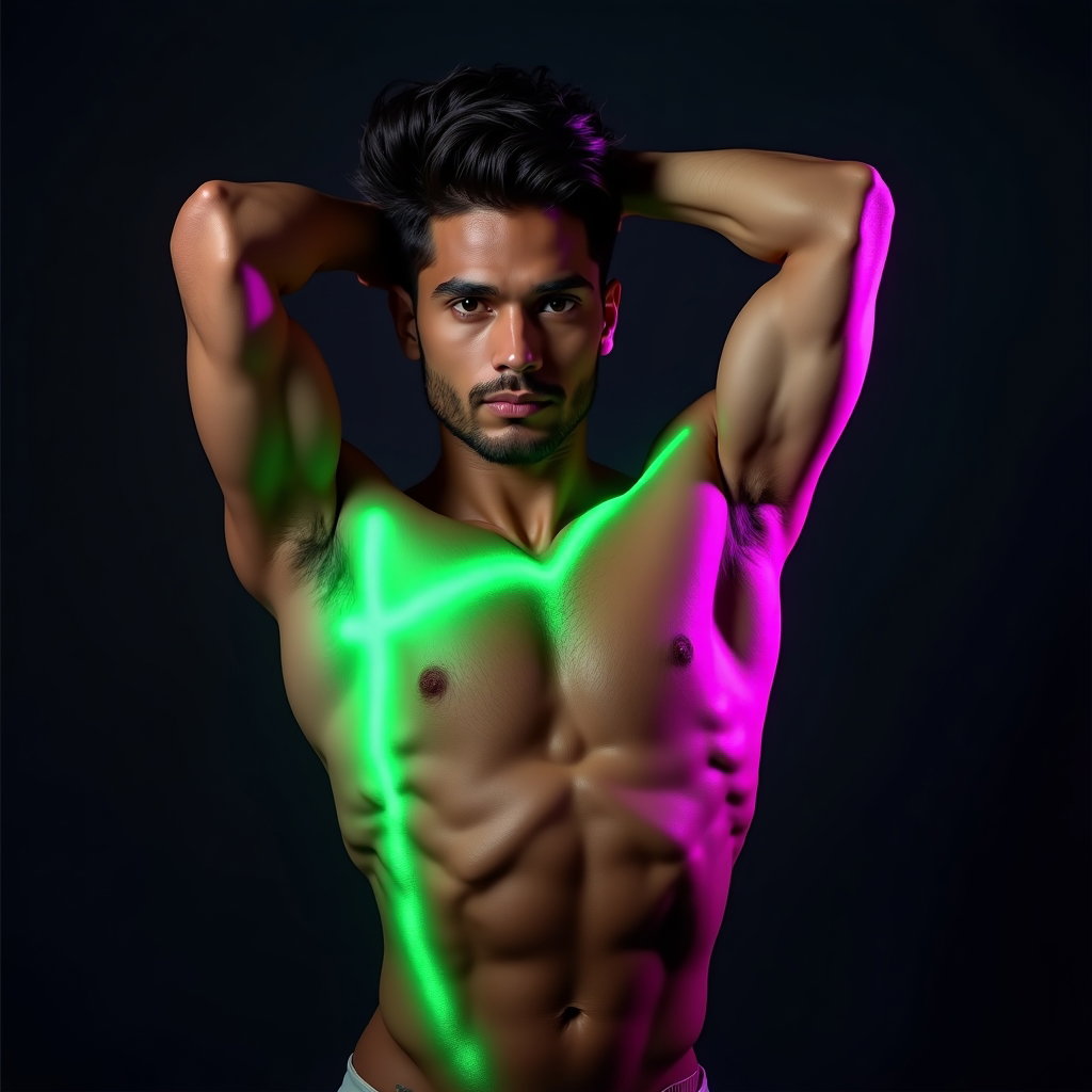 AI-generated photo: Photorealistic studio portrait. The subject is captured from the waist up in a dynamic, almost actio...