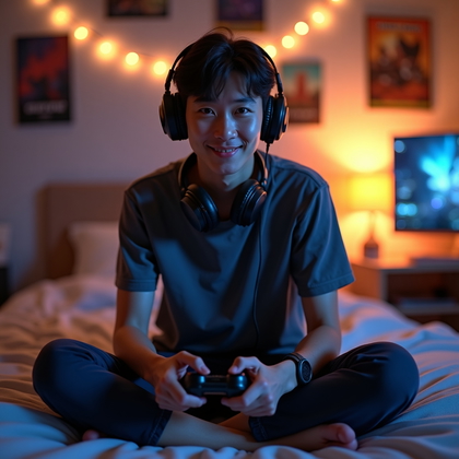 AI-generated photo: Photorealistic portrait photography. A chill gamer sits cross-legged on a bed with a simple duvet, s...
