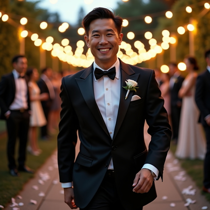 AI-generated photo: Photorealistic wedding portrait photography on a garden path at dusk, string lights glowing overhead...