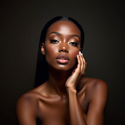 AI-generated photo: Photorealistic beauty studio portrait. Tight crop from shoulders up, sitting on a high stool against...