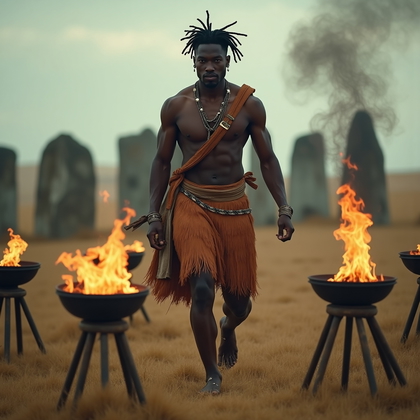 AI-generated photo: Photorealistic cinematic fashion-fitness photography on a windswept plain within a ring of standing ...