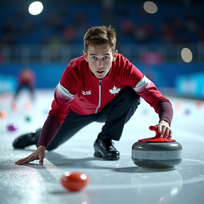 AI-generated photo: Photorealistic sports action photograph of a curling athlete releasing a stone in a dramatic low sli...