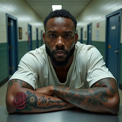 AI-generated photo: Photorealistic prison portrait photograph, the person sitting at a metal visitation table in a priso...