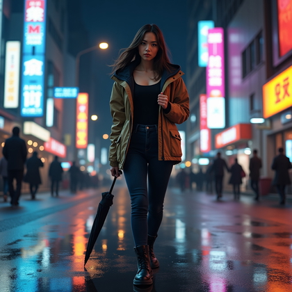 Photorealistic street-fashion portrait photo on a rain-slicked city crosswalk at night, subject mid-step with one hand adjusting the open collar of a waterproof shell jacket and the other holding a compact umbrella at their side, neon signage reflecting across wet pavement as a soft frontal key light renders the face crisp and a confident direct gaze meets the camera.