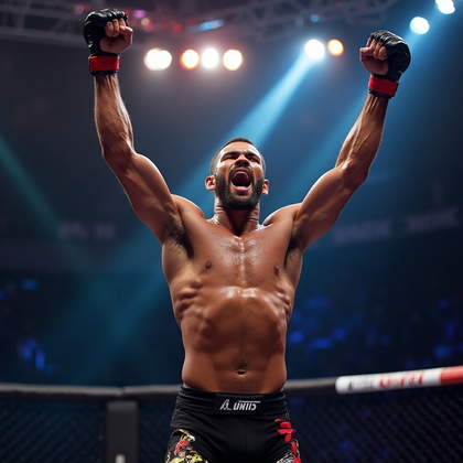 AI-generated photo: Photorealistic professional photography capturing a UFC fighter leaping in mid-air inside the octago...