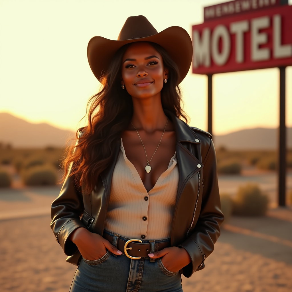 AI-generated photo: Photorealistic fashion portrait, a confident cowboy-style smirk portrait set in an open desert roads...