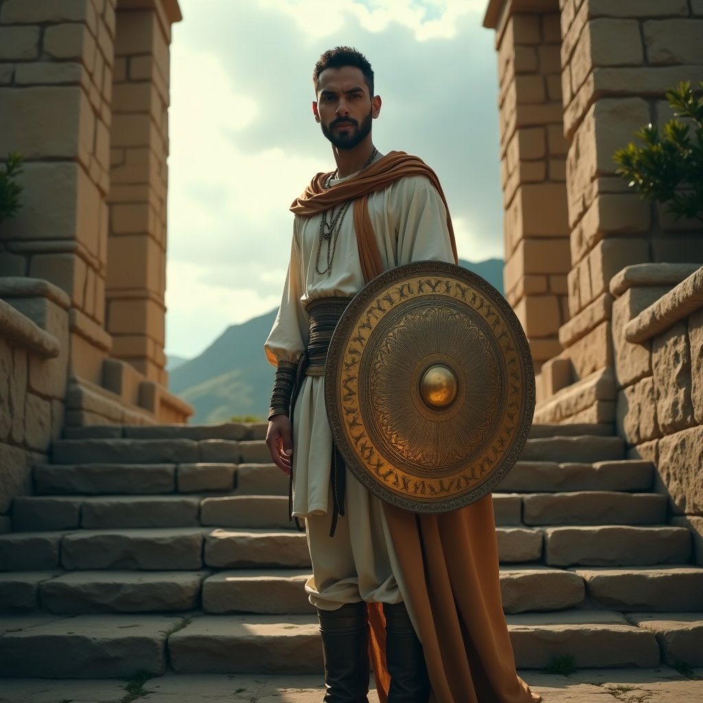 Solo Full-Body Temple Steps Hero Stance example: Cinematic fantasy portrait photo. A half-body portrait on ancient temple steps, the subject holding a round shield partl