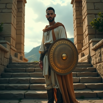 Solo Full-Body Temple Steps Hero Stance example: Cinematic fantasy portrait photo. A half-body portrait on ancient temple steps, the subject holding a round shield partl