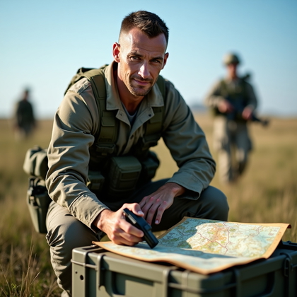 AI-generated photo: Photorealistic military field photography. A confident leader kneels in short grass, gripping a rugg...