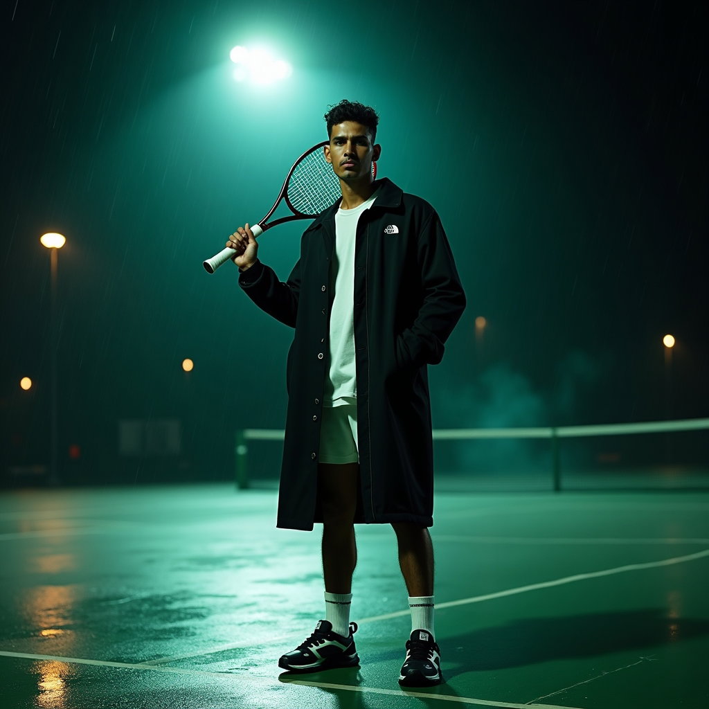 Edgy Street-Style Tenniscore Portraits example: Photorealistic fashion portrait photography. Editorial hero image at a night court after rain, the subject standing cent