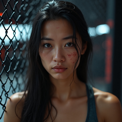 AI-generated photo: Photorealistic intense close-up shot highlighting the aftermath of a ferocious battle in the UFC rin...