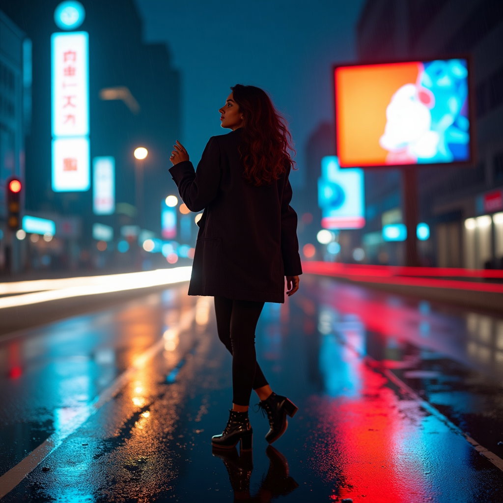 Motion-Based Dance Pop Album Cover Photos example: Photorealistic pop album cover photo. Environmental night portrait on a rain-slick city street, the subject dancing alon
