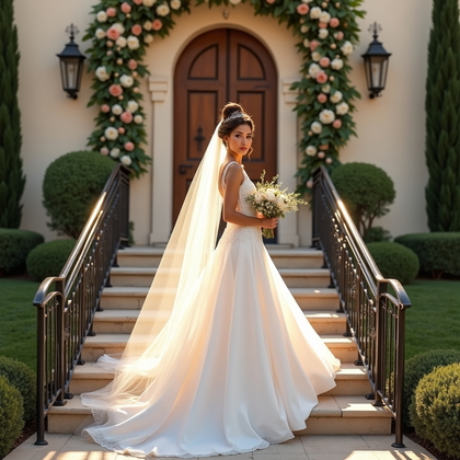 AI-generated photo: Photorealistic wedding photography. On an outdoor limestone staircase at a Mediterranean villa, the ...