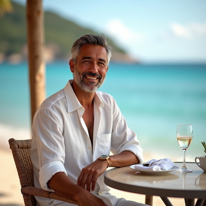 Minimal White Linen Portraits Against Blue Sea and Sky example: Photorealistic vacation portrait photography. Environmental portrait seated at a small seaside café table with white lin