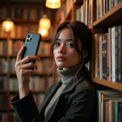Photorealistic smartphone selfie photo nestled between tall shelves in a cozy independent bookstore, book spines creating graphic color blocks and a rolling ladder adding vertical rhythm behind. Warm practical lamps and desk lights cast inviting pools of light, with a soft key on the face and gentle falloff onto the stacks for depth and intimacy. Pose with one shoulder grazing the shelf and a subtle head tilt toward the lens, a tailored coat over a soft knit, medium-close framing that keeps title typography legible yet secondary to expression.