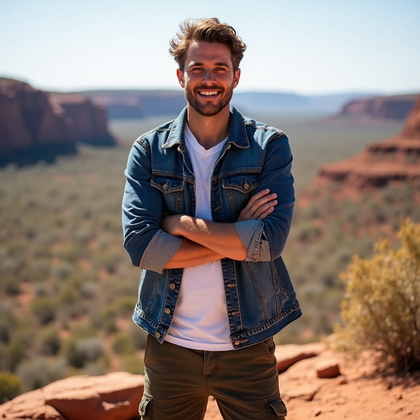 AI-generated photo: Travel Backdrop Portrait set against the backdrop of a sweeping Australian outback landscape. The ma...