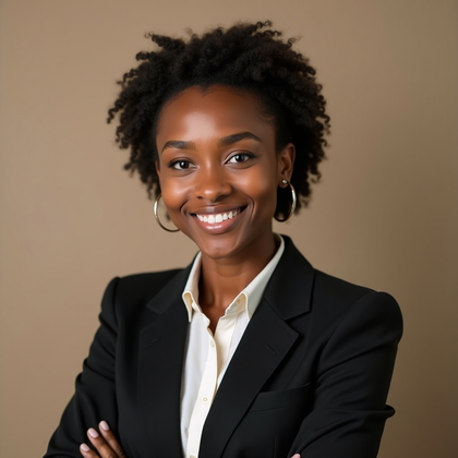 AI-generated photo: Professional headshot: matte putty-toned studio wall rendered smooth and distraction‑free, on‑axis d...