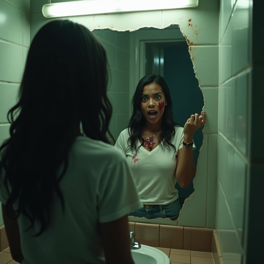 Blood-Streaked Final Girl Close-Up example: Cinematic horror portrait photo, half-body framing of a survivor standing in a cracked bathroom mirror, one hand pressed
