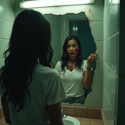 Blood-Streaked Final Girl Close-Up example: Cinematic horror portrait photo, half-body framing of a survivor standing in a cracked bathroom mirror, one hand pressed