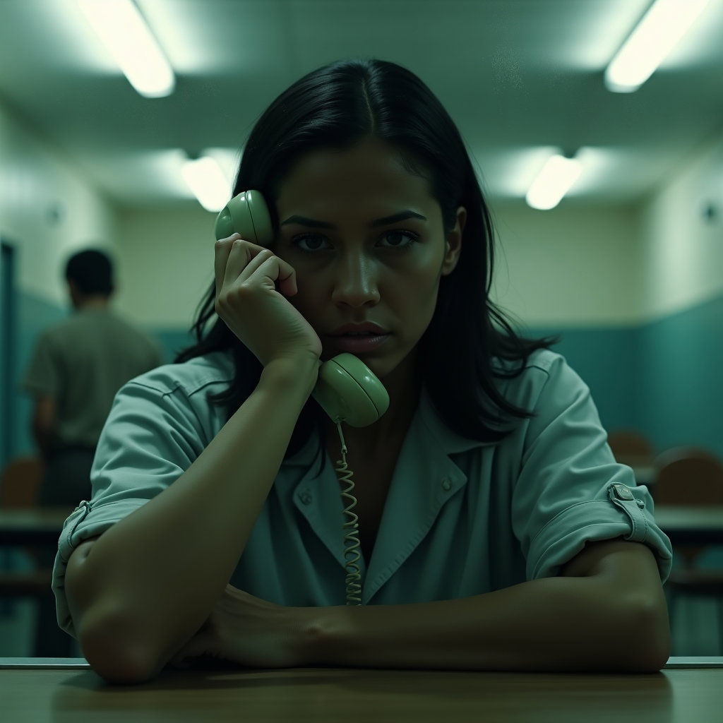 AI-generated photo: Photorealistic prison close-up where the person is seated at a visitation room table, their face pre...