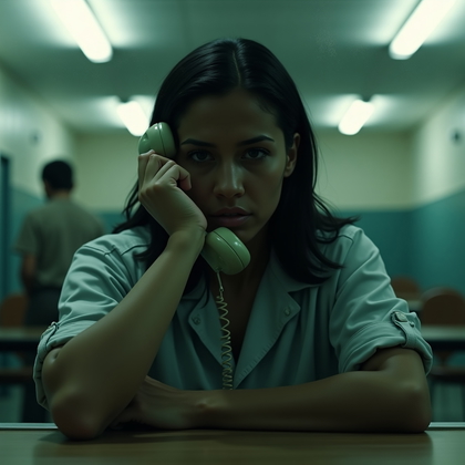 AI-generated photo: Photorealistic prison close-up where the person is seated at a visitation room table, their face pre...