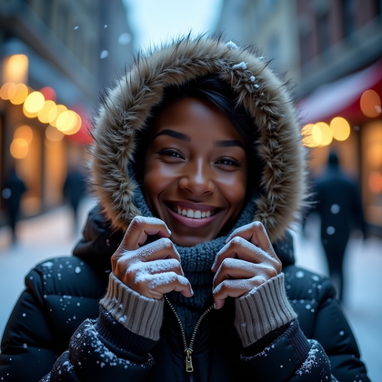 AI-generated photo: Photorealistic winter lifestyle portrait. The subject grips the fur trim lightly with both hands to ...