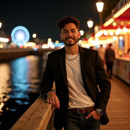 Photorealistic dating lifestyle portrait on a riverside boardwalk at night under warm string lights, subject leaning against a weathered wooden railing with torso turned toward the camera and hands loosely placed on the rail, direct gaze with a slow, inviting smile; face fully visible and flattered by soft overhead practicals. The outfit is elevated-casual—unstructured blazer over a fitted tee, dark tailored denim, clean sneakers—complemented by a slim metal watch and a simple chain that catches glints of light. Reflections ripple across the water behind, food-stall bokeh and ferris wheel bulbs shaping a romantic, celebratory backdrop without overwhelming the frame. A gentle breeze lifts the edge of the blazer, adding motion and allure, while a subtle kicker from an off-frame shopfront defines the jawline and ear contours. Composition places the subject on the right third with negative space of luminous river and distant footbridge to the left, balancing intimacy with a sense of place.