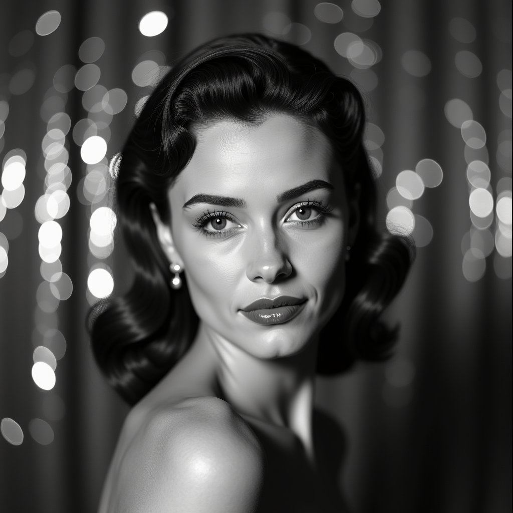 AI-generated photo: Black-and-white nitrate-era Hollywood headshot photograph against a beaded curtain that throws starr...