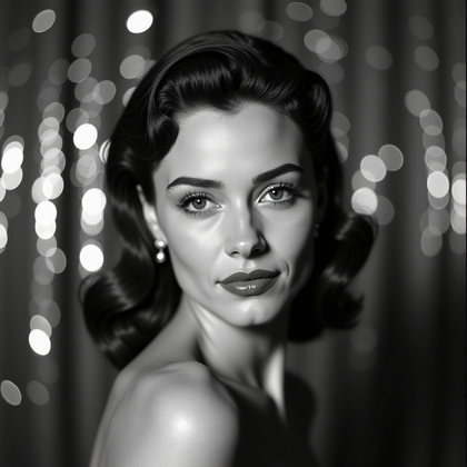 AI-generated photo: Black-and-white nitrate-era Hollywood headshot photograph against a beaded curtain that throws starr...