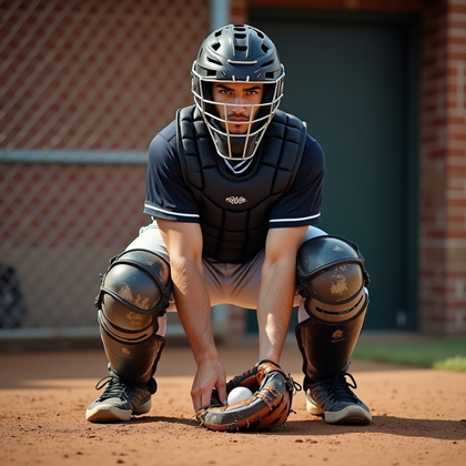 AI-generated photo: Photorealistic sports photography in a bullpen warmup setting just outside the field: the catcher in...