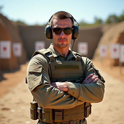 AI-generated photo: Photorealistic military portrait photography. Full-body shot of an instructor standing in a firm com...