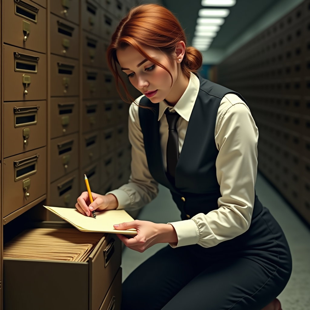 Archive Drawer: Low crouched portrait in a quiet records room, one visible person kneeling beside a bottom filing drawer overflowing with aged folders.