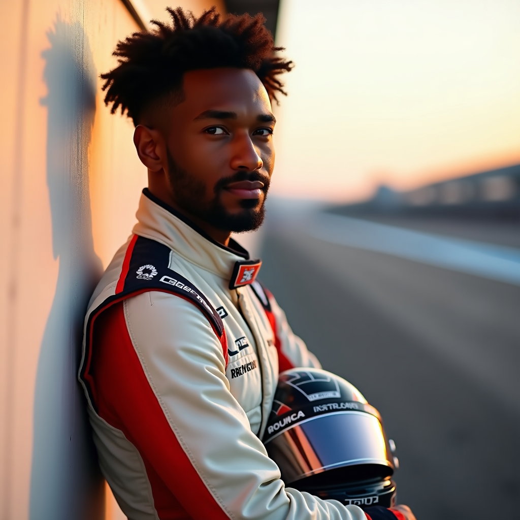 Post-Session Helmet-in-Hand Portrait example: Photorealistic motorsport portrait photography. Half-body post-session portrait with the driver leaning against a clean