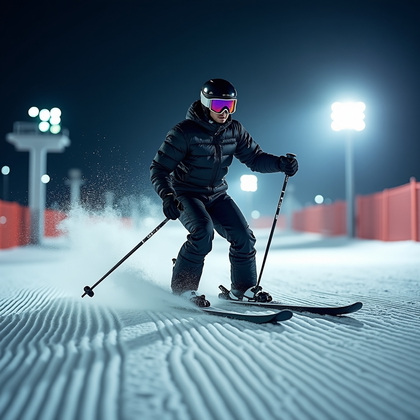 AI-generated photo: Photorealistic night-ski portrait on a floodlit slope with crisp groomer “corduroy” carving arcs tow...