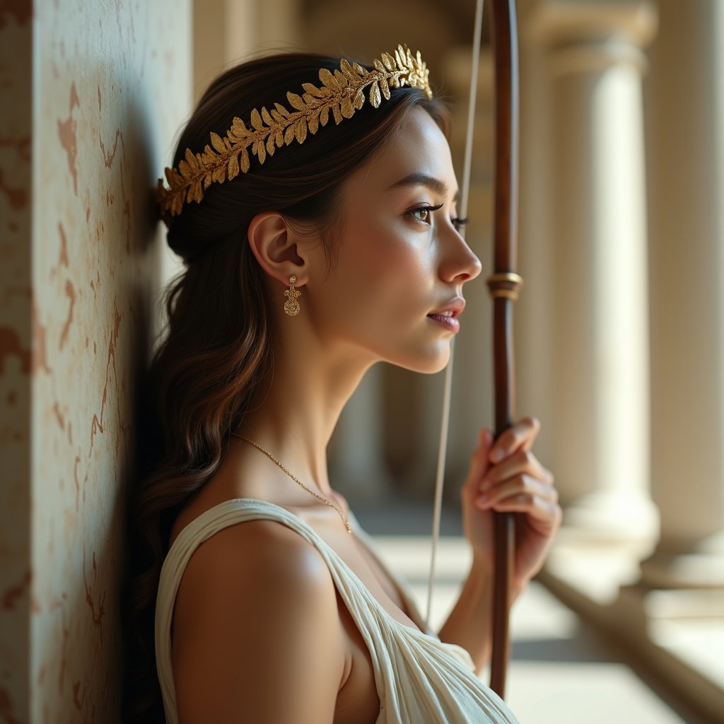 Solo Atalanta Huntress Action Portrait example: Cinematic Greek myth portrait photography. Profile-avatar crop of a solo archer in a three-quarter pose, face clearly vi